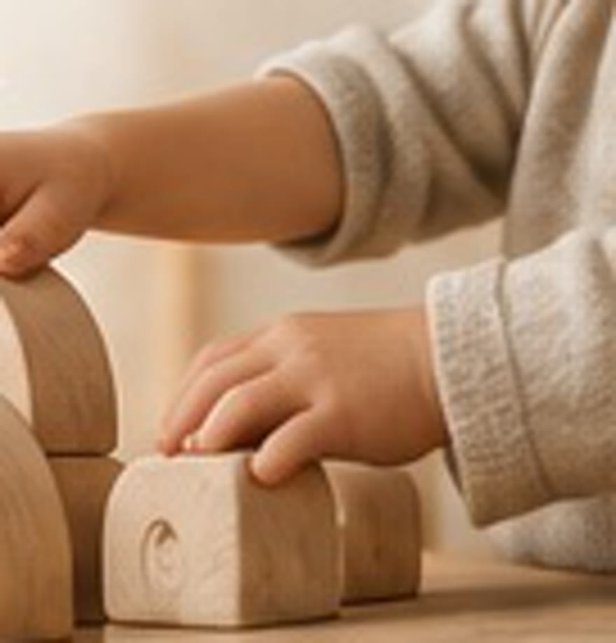 Les mains d’un jeune enfant construisent avec des blocs de bois bruts.