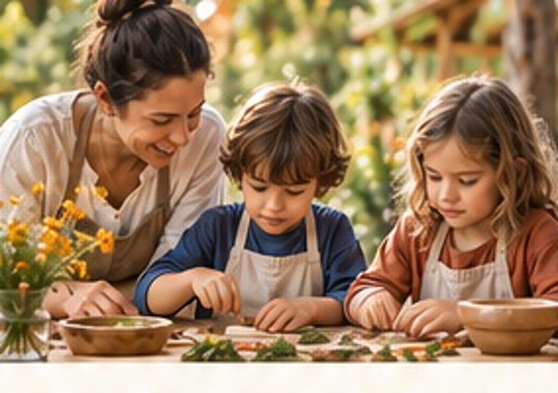 Una adulta y dos niños concentrados en un taller, con flores silvestres sobre la mesa.